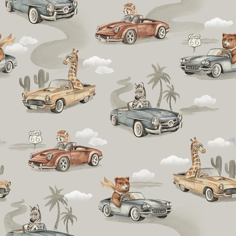 Vintage Car & Animal Nursery Wallpaper – Route 66 Safari Adventure