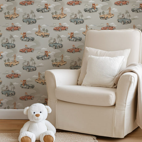Vintage Car & Animal Nursery Wallpaper – Route 66 Safari Adventure