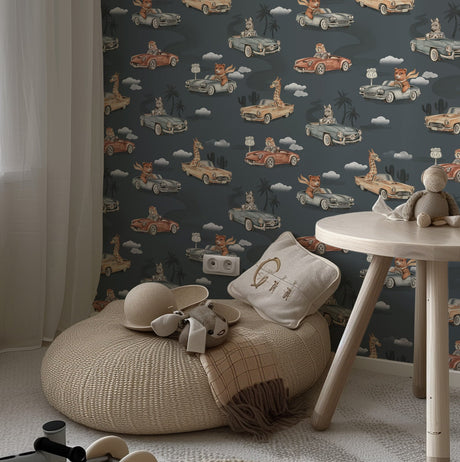 Route 66 Safari Animal Car Wallpaper – Kids Nursery & Playroom Adventure