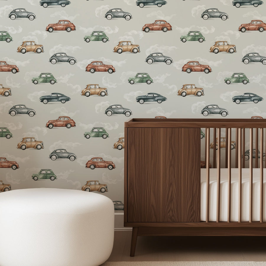 Vintage Cars Kids Wallpaper - Classic Retro in Grey