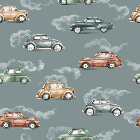 Retro Cars Kids Wallpaper – Whimsical Vintage Car Adventure in Sea Blue