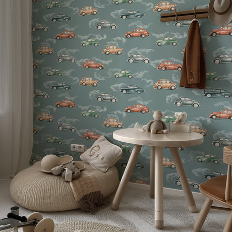 Retro Cars Kids Wallpaper – Whimsical Vintage Car Adventure in Sea Blue