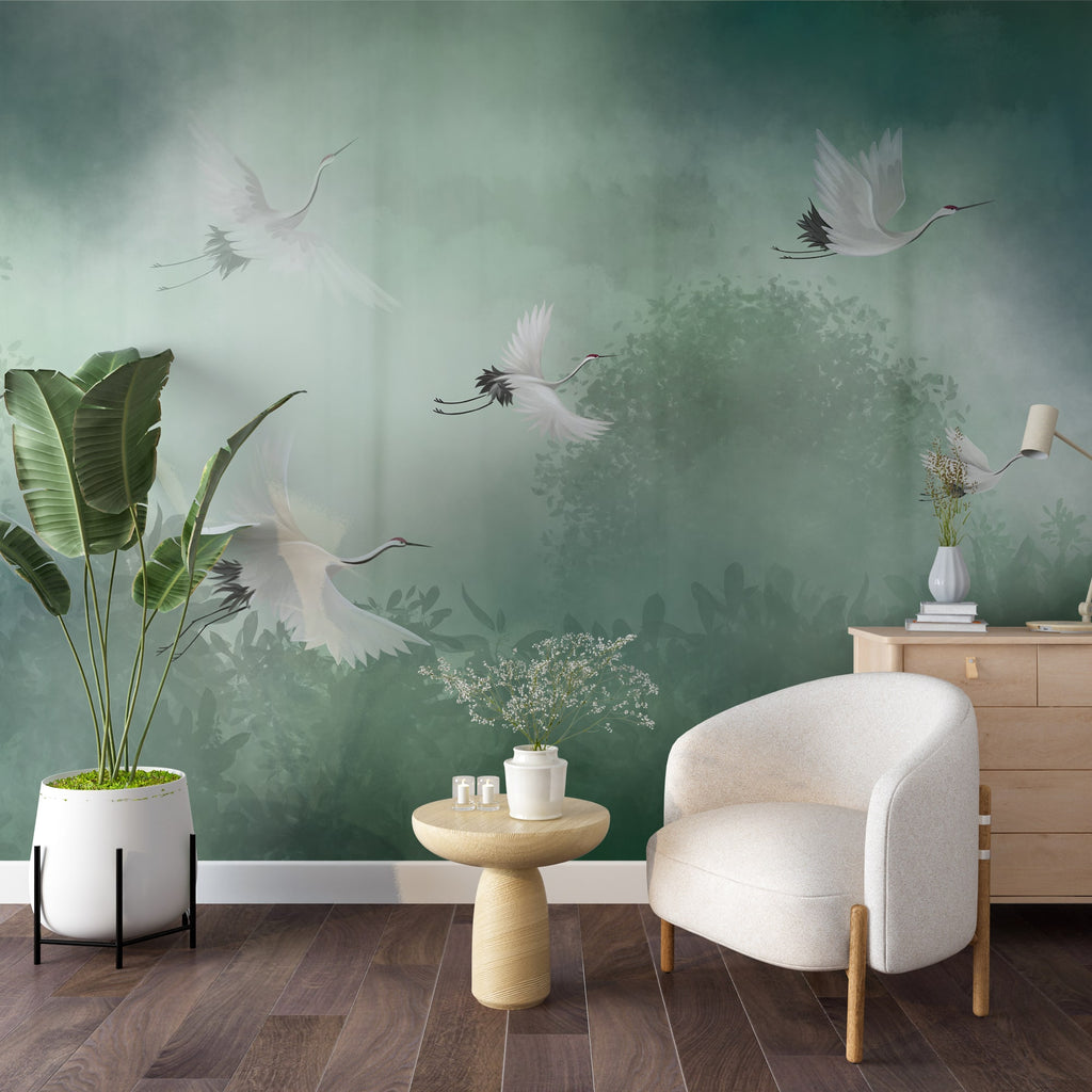 Flight of Storks in the Misty Forest Wallpaper Mural