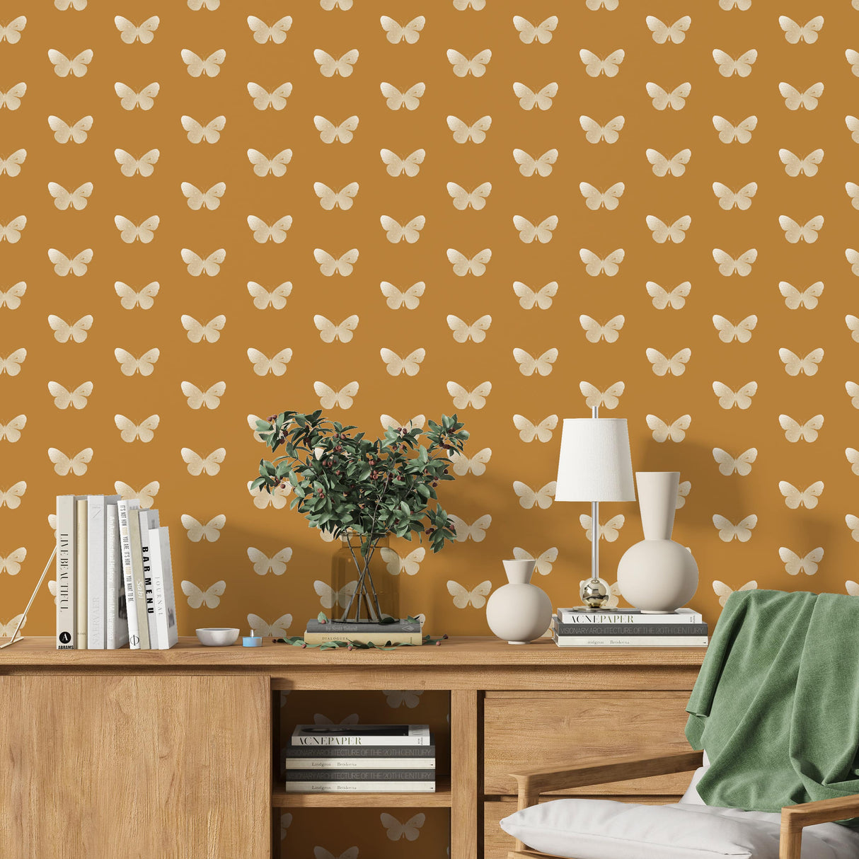 Gold Butterfly Pattern Wallpaper - Elegant Yellow Background Wallpaper