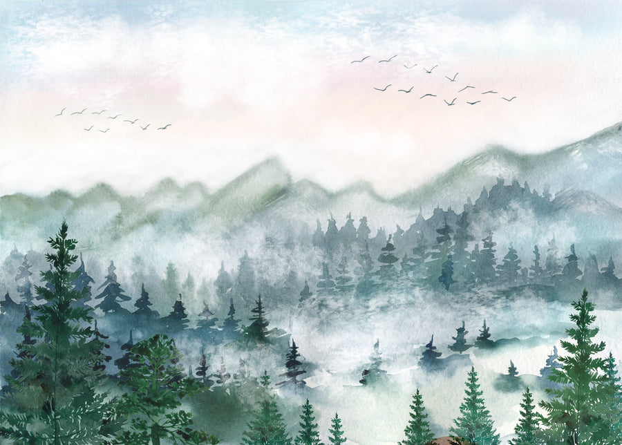 Watercolor Forest Mural Peel and Stick Wallpaper - Serene Green Mountain Landscape