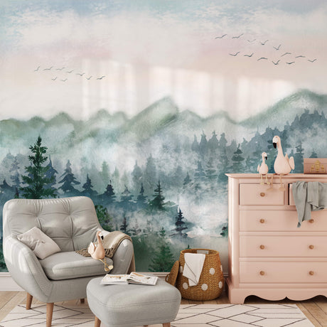 Watercolor Forest Mural Peel and Stick Wallpaper - Serene Green Mountain Landscape