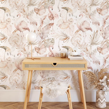Watercolor Pink Flamingo Wallpaper | Tropical Leaves Background