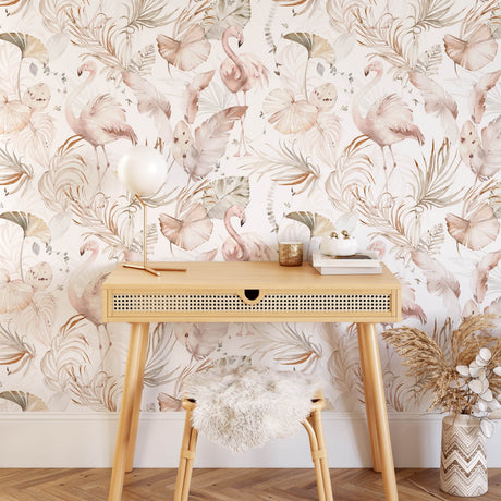 Watercolor Pink Flamingo Wallpaper | Tropical Leaves Background