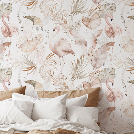 Watercolor Pink Flamingo Wallpaper | Tropical Leaves Background