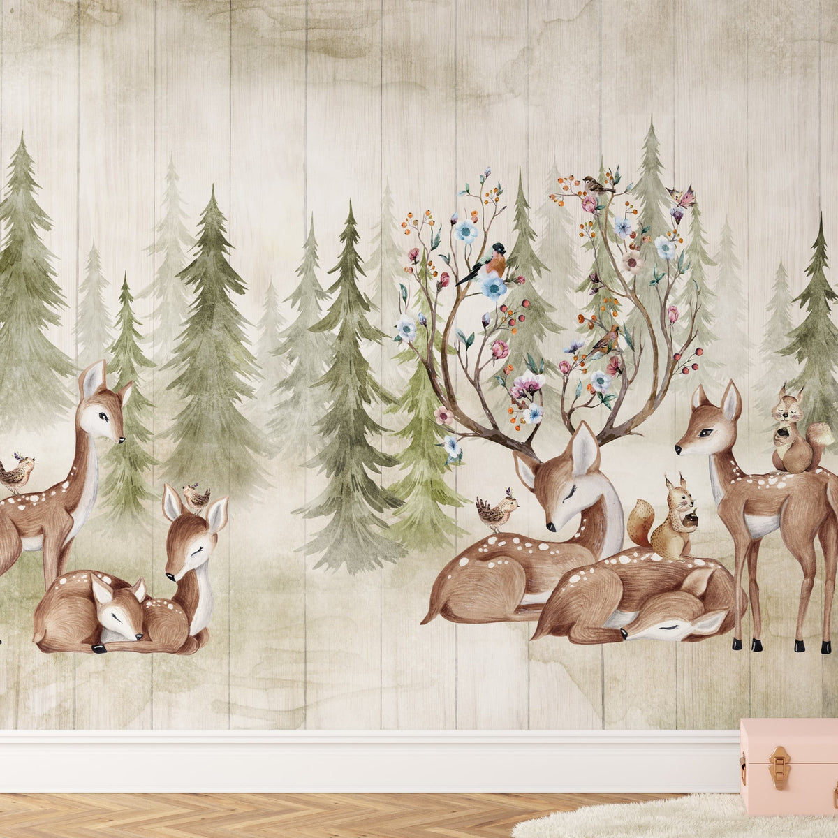 Woodland Deer and Forest Peel and Stick Wallpaper 🦌| Kids Wall Mural