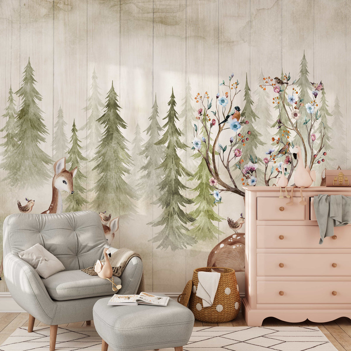 Woodland Deer and Forest Peel and Stick Wallpaper 🦌| Kids Wall Mural ...