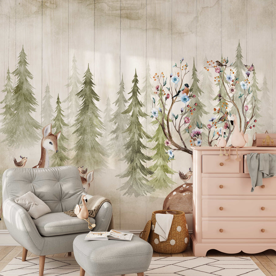 Woodland Deer and Forest Wallpaper - Peel and Stick Kids Wall Mural
