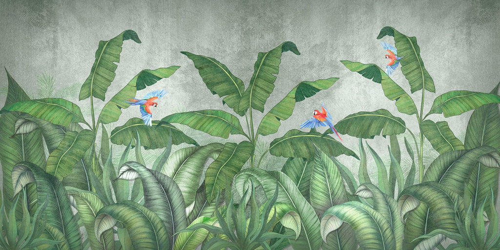 Tropical jungle with flying parrots wallpaper mural image 3