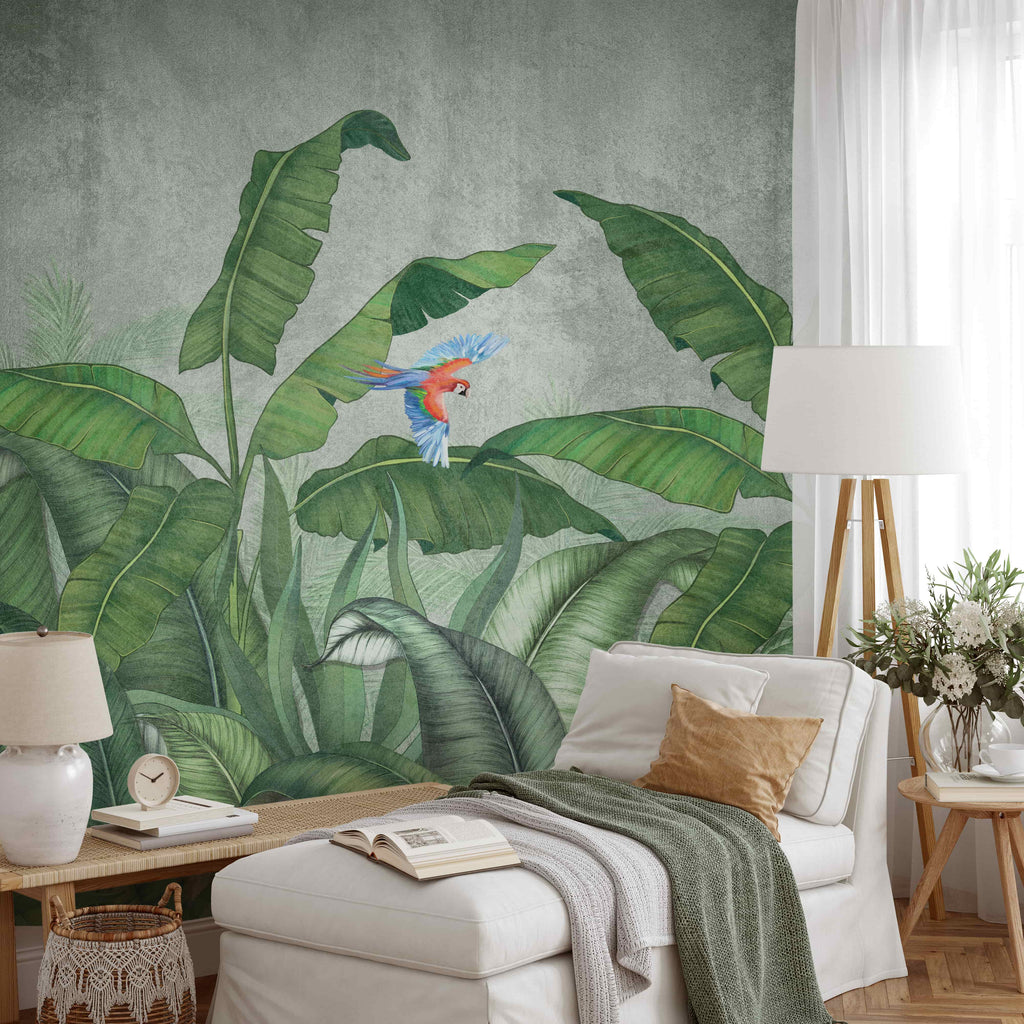 Tropical jungle with flying parrots wallpaper mural image 1