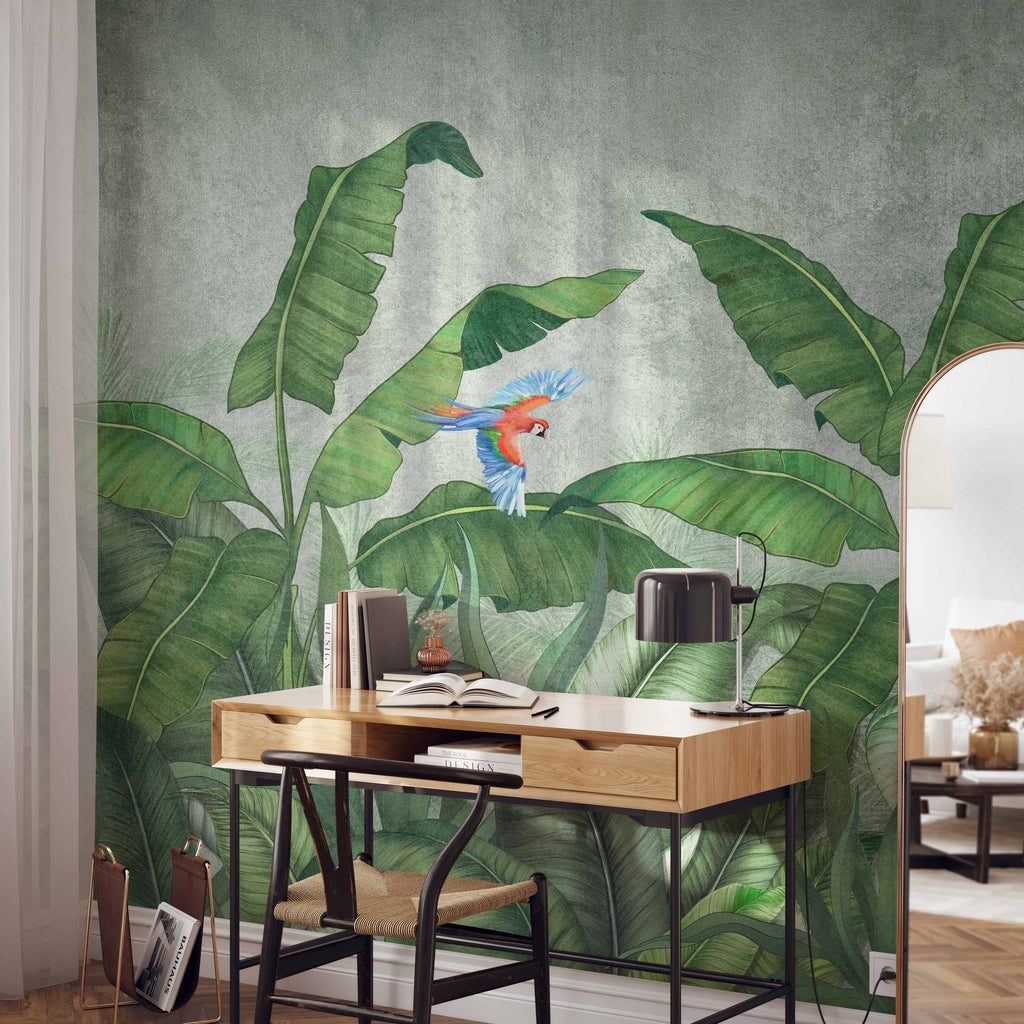 Tropical jungle with flying parrots wallpaper mural image 2