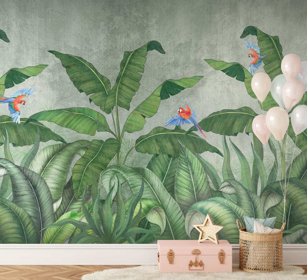Tropical jungle with flying parrots wallpaper mural image 4