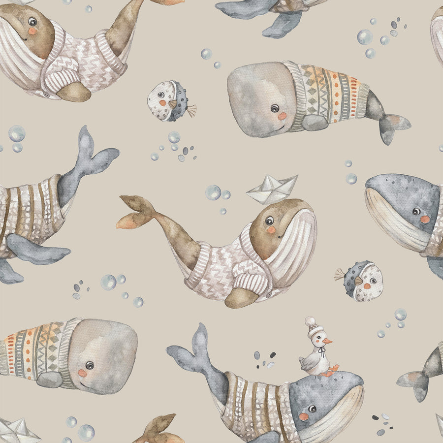 Whimsical Whale Kids Wallpaper – Cozy Ocean Adventure in Beige