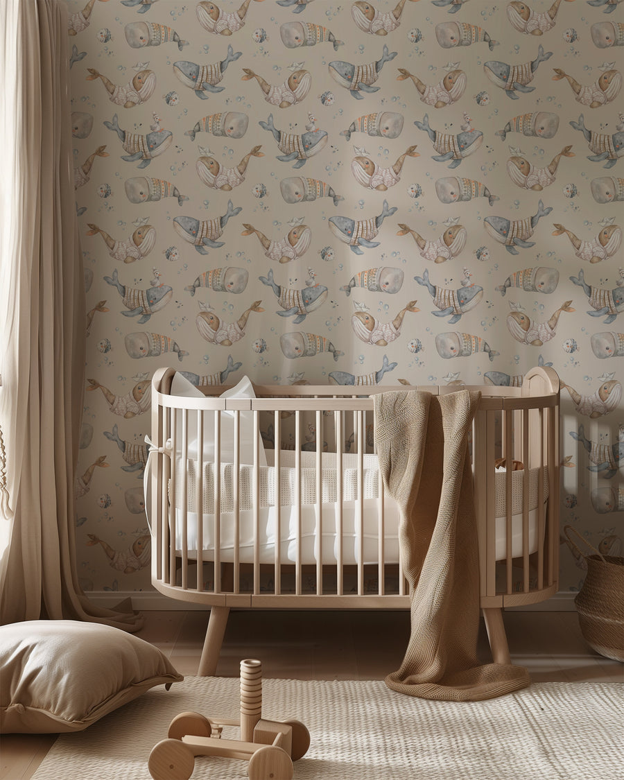 Whimsical Whale Kids Wallpaper – Cozy Ocean Adventure in Beige