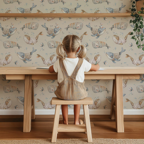 Whimsical Whale Kids Wallpaper – Cozy Ocean Adventure in Beige