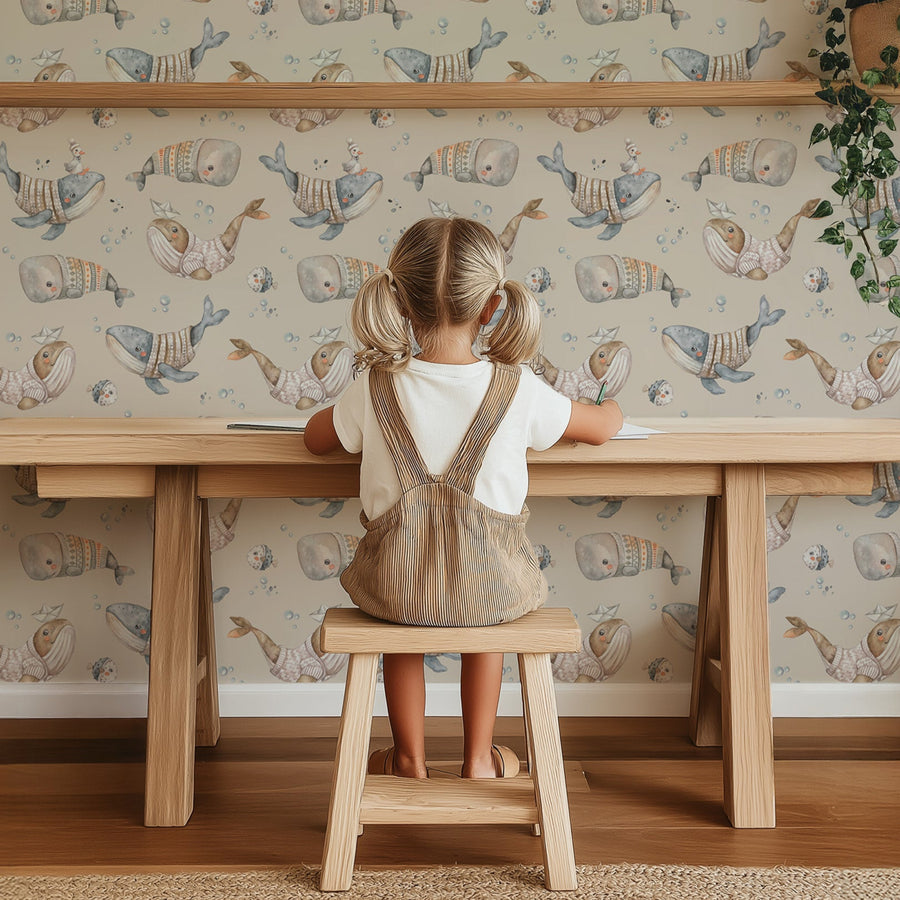 Whimsical Whale Kids Wallpaper – Cozy Ocean Adventure in Beige