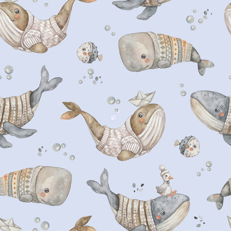 Whale Kids Wallpaper – Whimsical Nautical Adventure in Light Blue