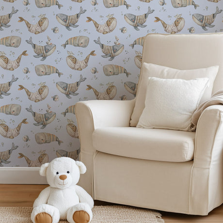 Whale Kids Wallpaper – Whimsical Nautical Adventure in Light Blue