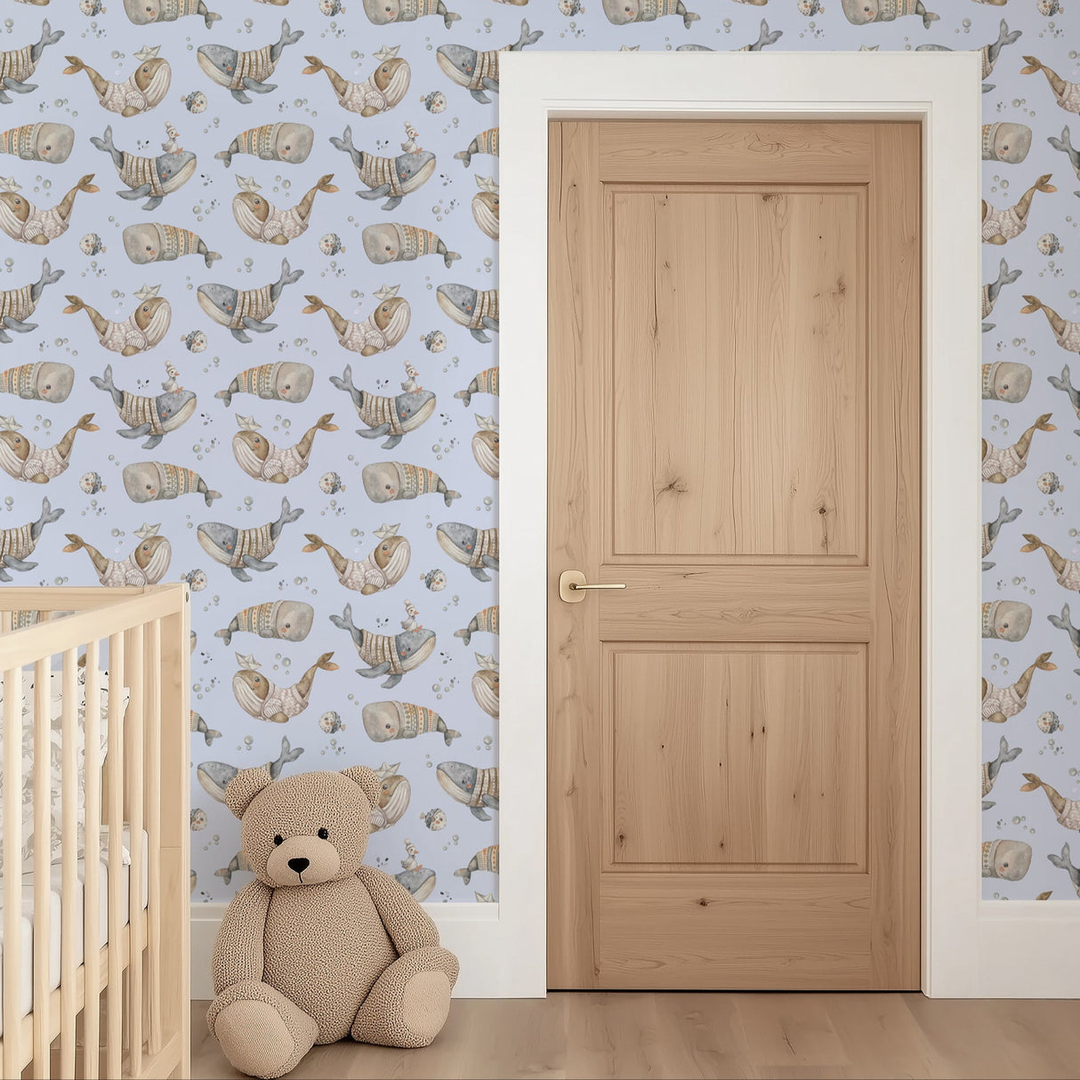 Whale Kids Wallpaper – Whimsical Nautical Adventure in Light Blue