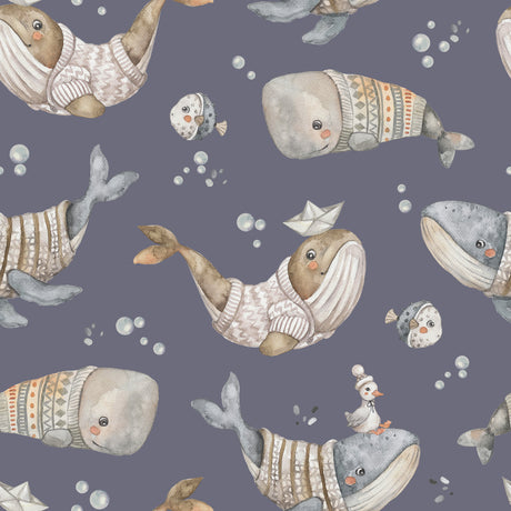Whale Kids Wallpaper – Whimsical Ocean Adventure in Navy