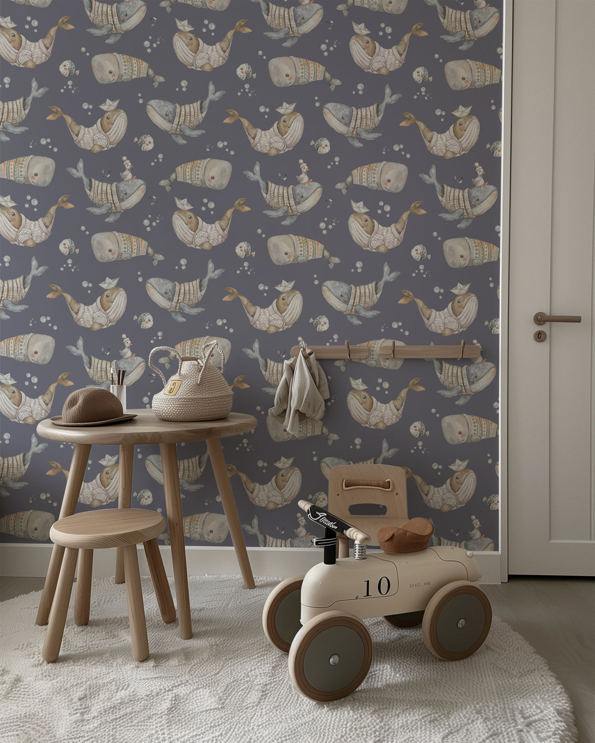 Whale Kids Wallpaper – Whimsical Ocean Adventure in Navy