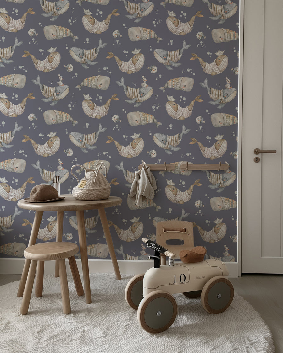 Whale Kids Wallpaper – Whimsical Ocean Adventure in Navy