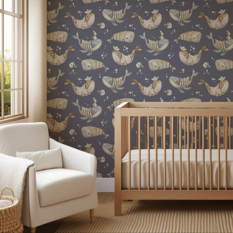 Whale Kids Wallpaper – Whimsical Ocean Adventure in Navy