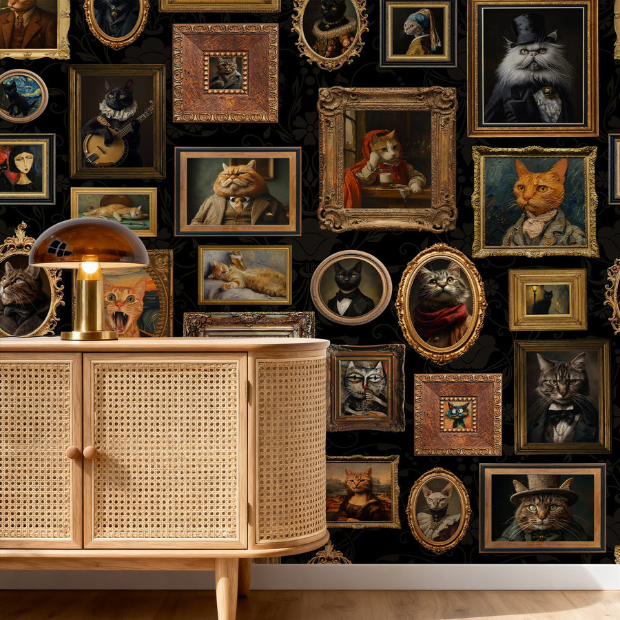 Whimsical Cat Portrait Gallery Peel & Stick Wallpaper and a wooden cabinet below