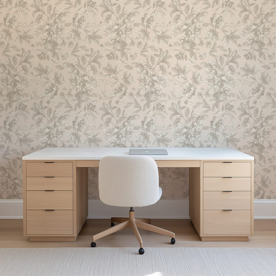 Wooden desk with white surface and chair against a Neutral Vintage Floral Wallpaper – Gentle Taupe Botanical Pattern