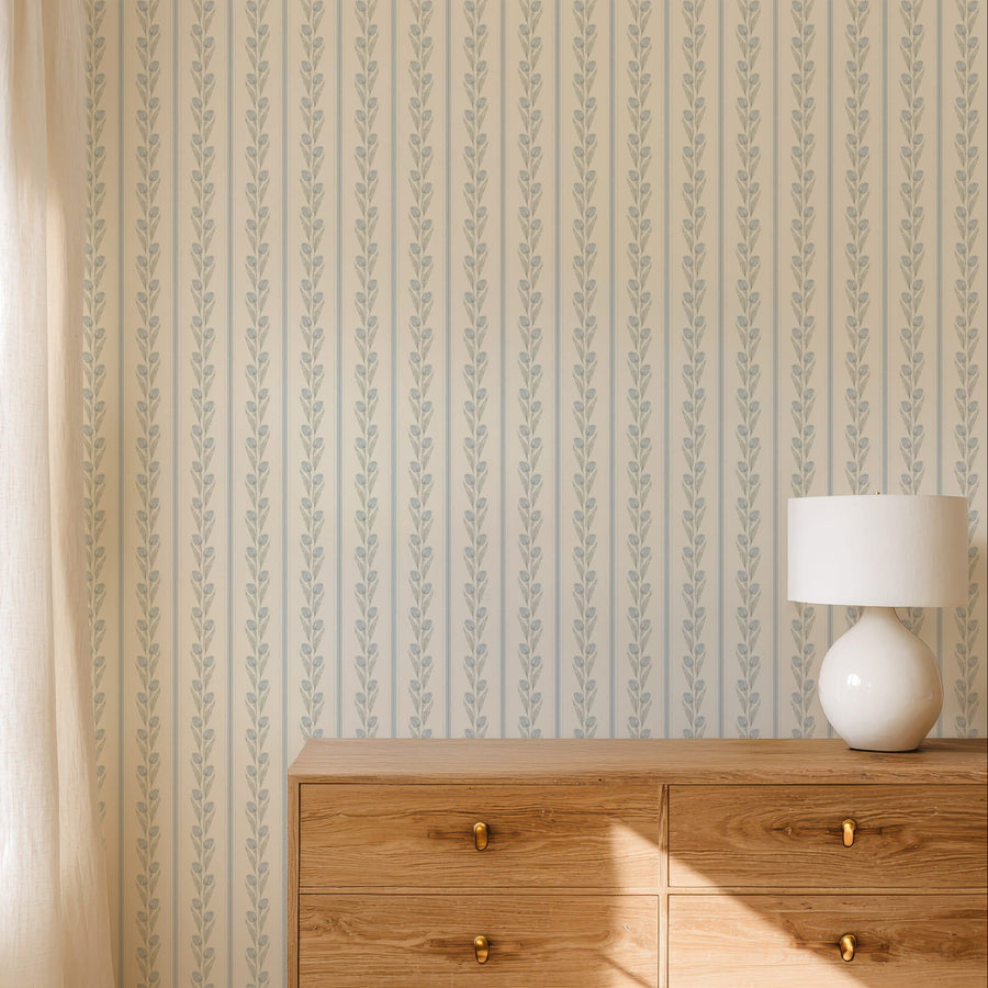 Wooden dresser Cream and Blue Vintage Tulip Stripe Wallpaper