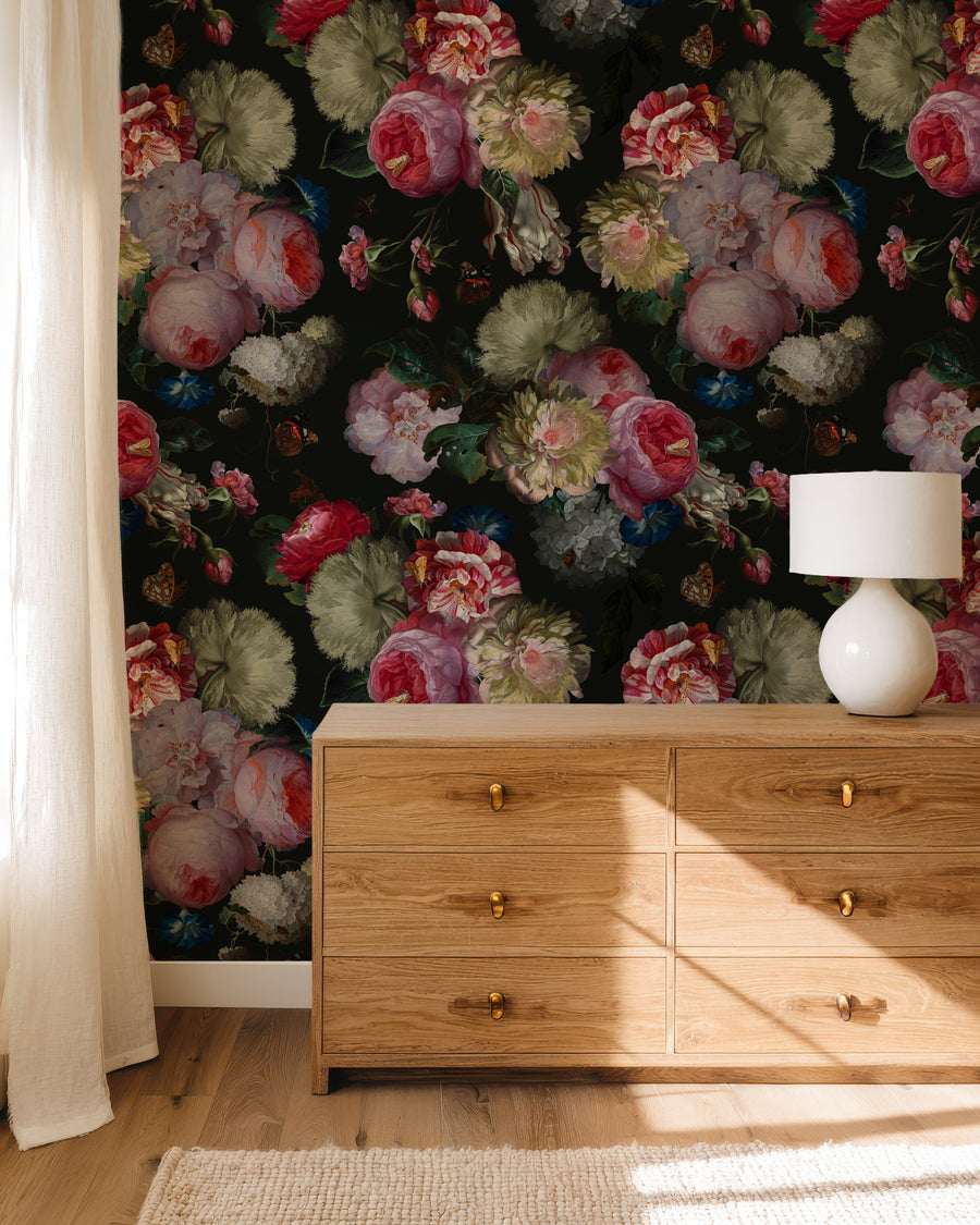 Wooden dresser against a Dark Floral Wallpaper – Romantic Oil Painted Garden Bloom