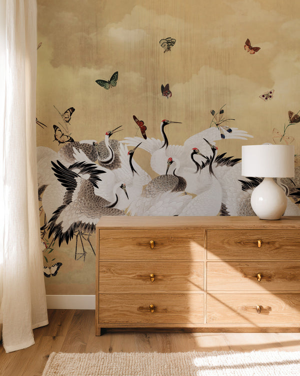 Wooden dresser in the room with Golden Japanese Chinoiserie Cranes Wall Mural