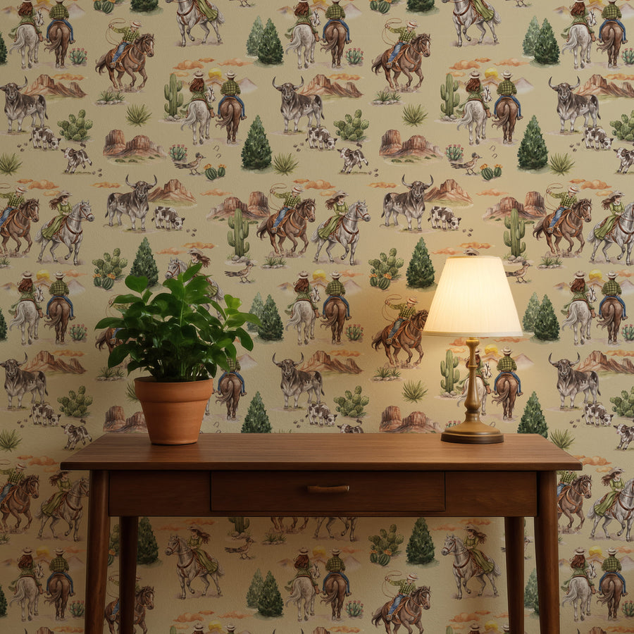 Wooden table with a lamp and plant against a Sand Western Cowboy & Cowgirl Wallpaper