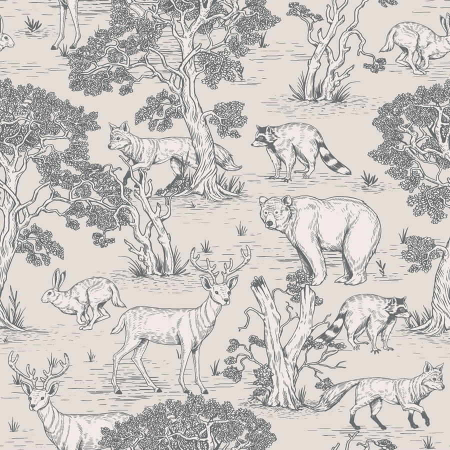 Woodland Animals Toile Wallpaper – Vintage Forest Wildlife Mural