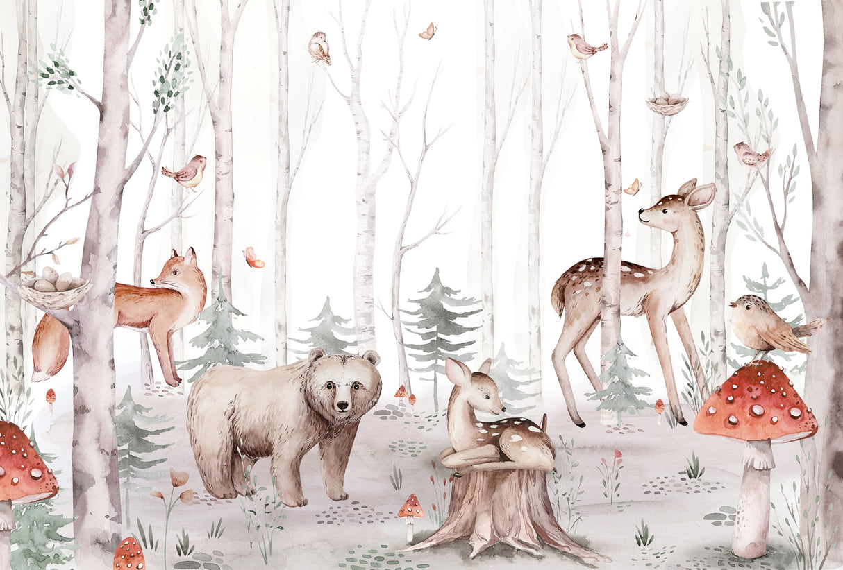 Woodland Creatures Watercolor Wallpaper - Peel and Stick Forest Animal Mural