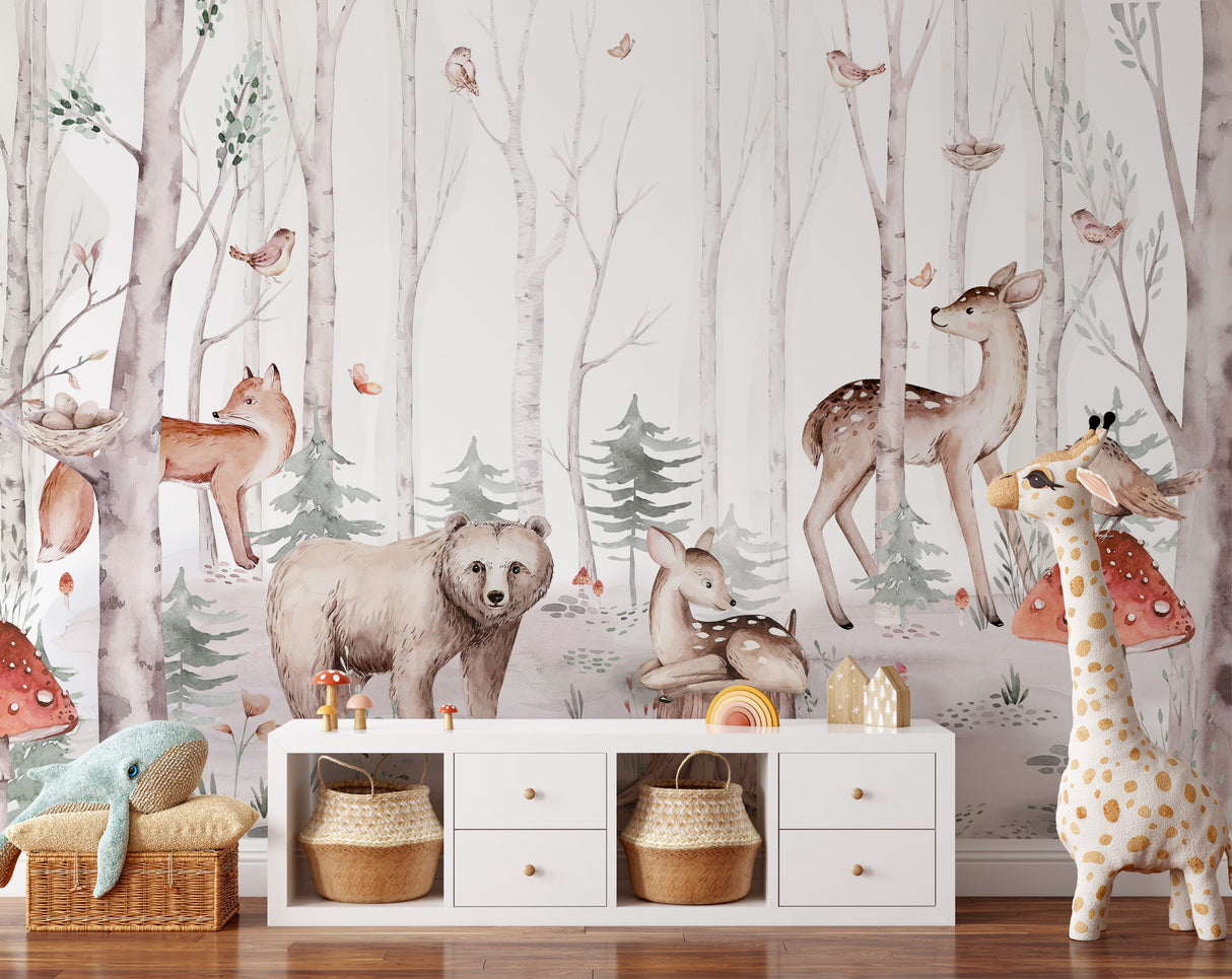 Woodland Creatures Watercolor Wallpaper - Peel and Stick Forest Animal Mural