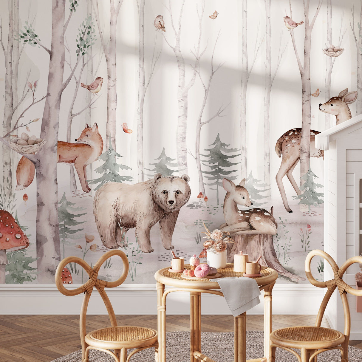Woodland Creatures Watercolor Wallpaper - Peel and Stick Forest Animal Mural