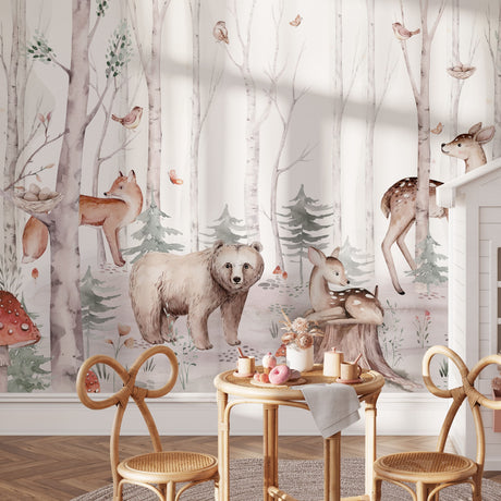 Woodland Creatures Watercolor Wallpaper - Peel and Stick Forest Animal Mural