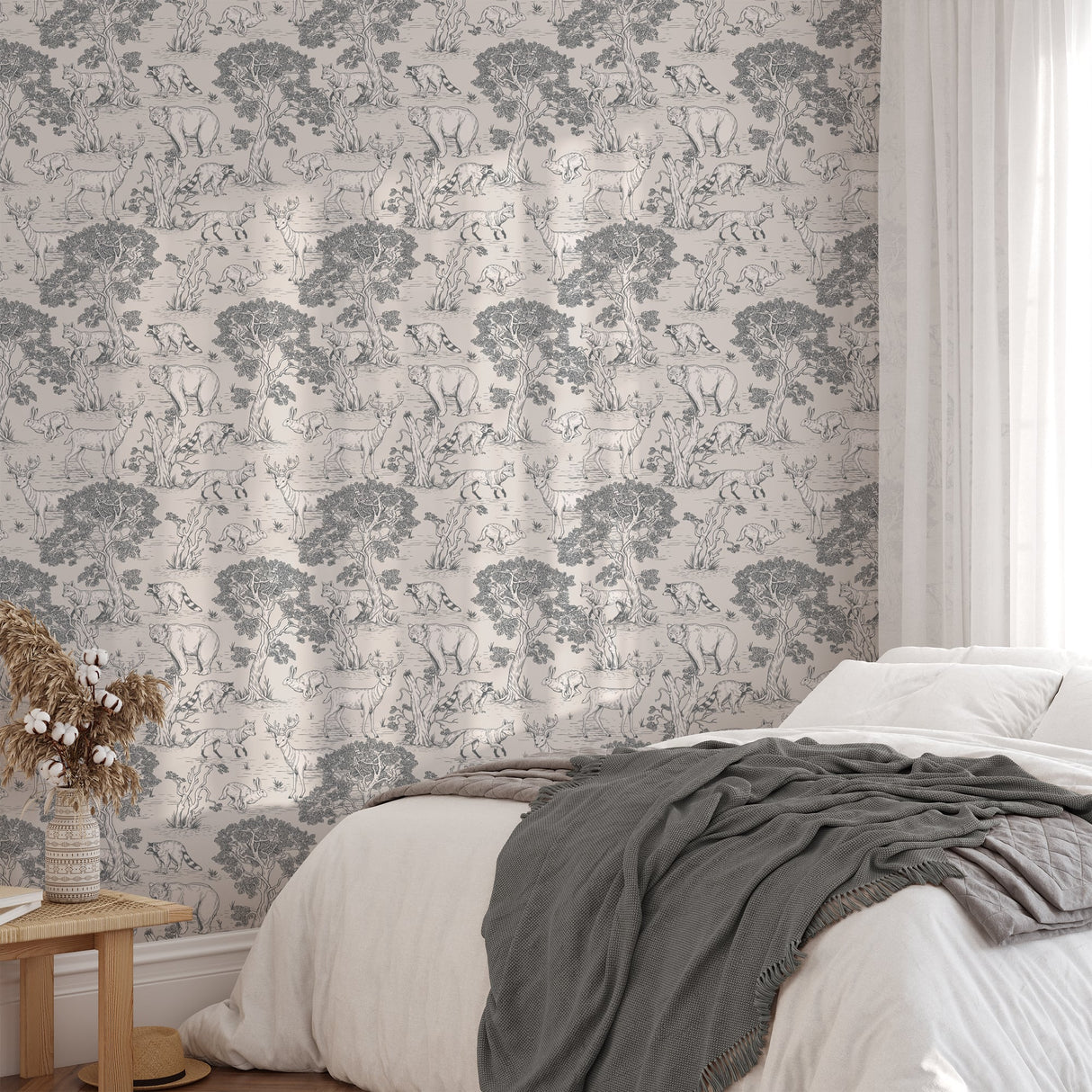 Woodland Animals Toile Wallpaper – Vintage Forest Wildlife Mural