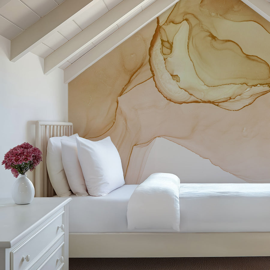 Yellow alcohol ink wall mural with flowing texture for modern calming interiors.