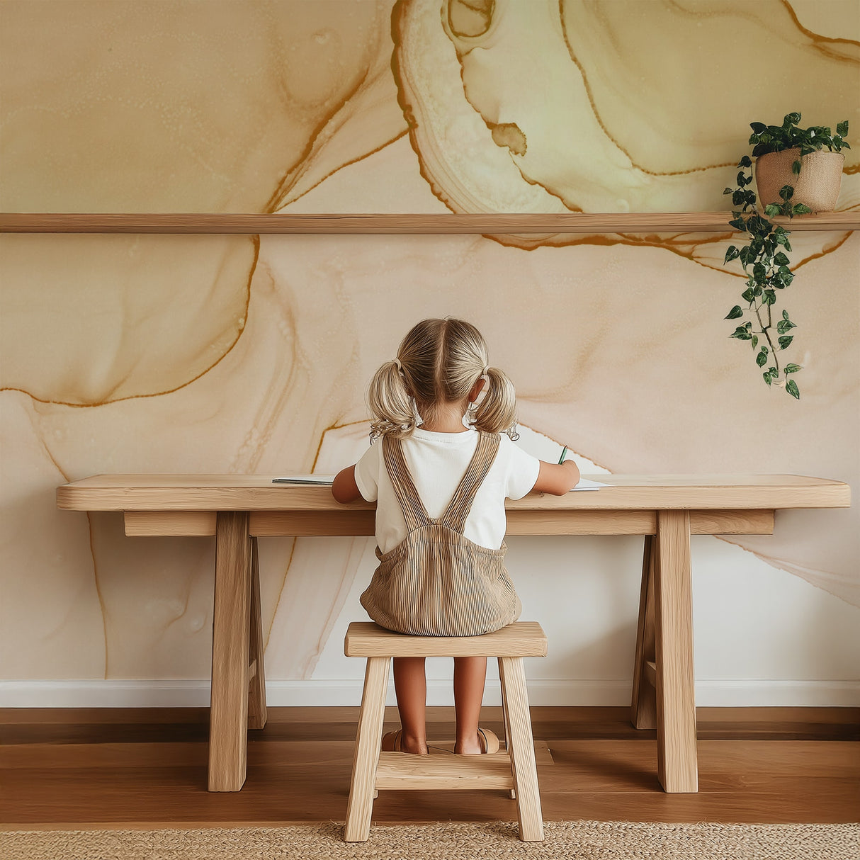 Yellow alcohol ink wall mural with flowing texture for modern calming interiors.