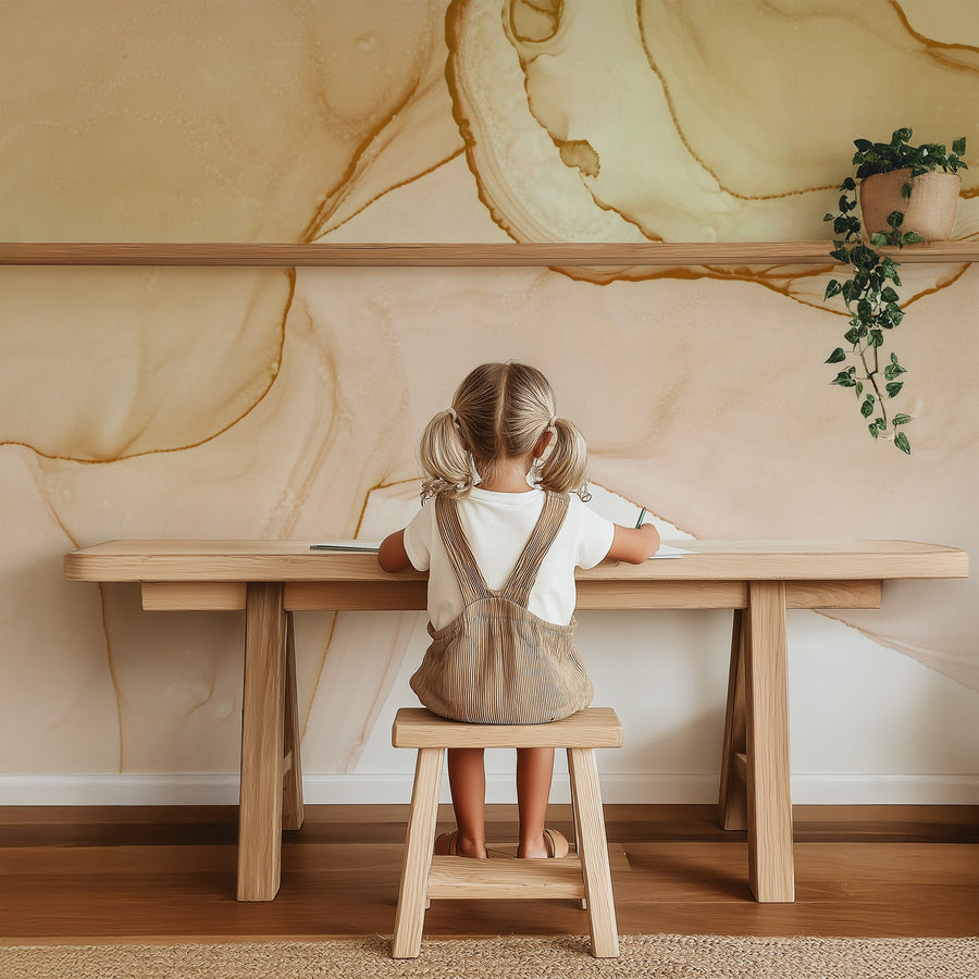 Yellow alcohol ink wall mural with flowing texture for modern calming interiors.