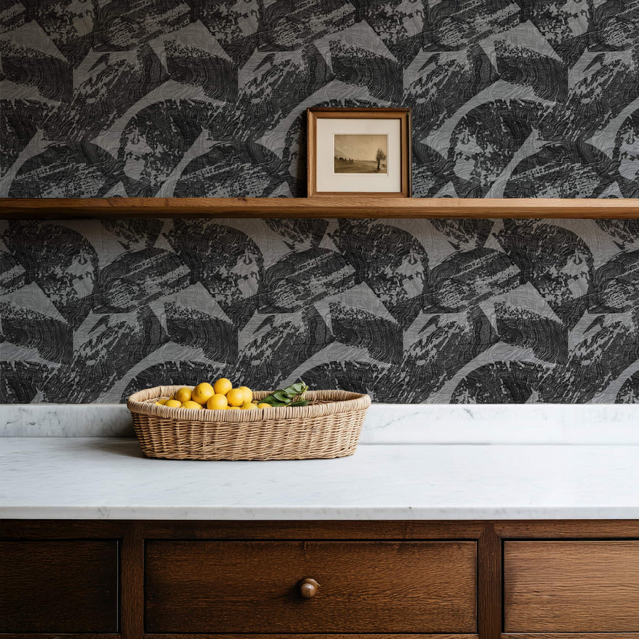 Console credenza with woven basket featuring Abstract Modern Wood Texture Wallpaper Charcoal Grey accent wall