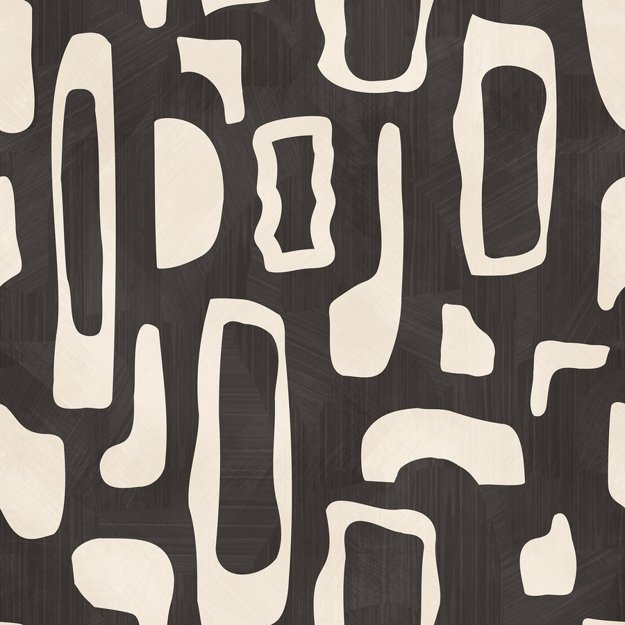 Abstract Organic Shapes Wallpaper Black Cream repeating pattern swatch 48W x 48H