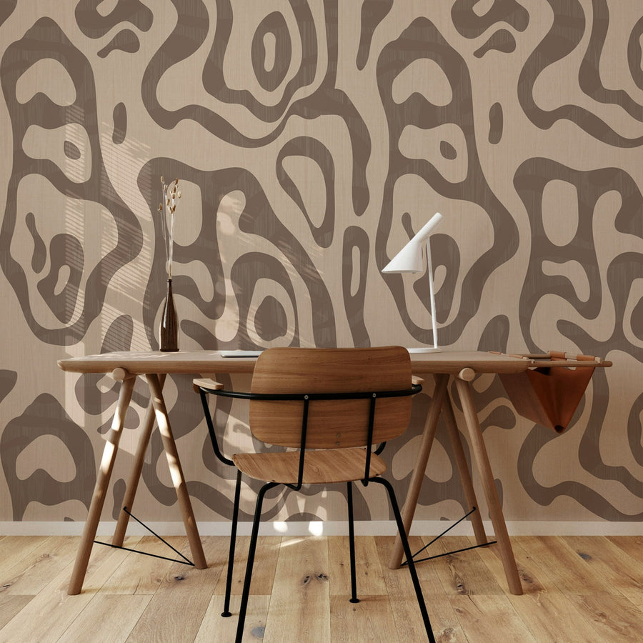 Close-up detail of Abstract Topography Wallpaper Brown Cream showing organic contour brushstrokes