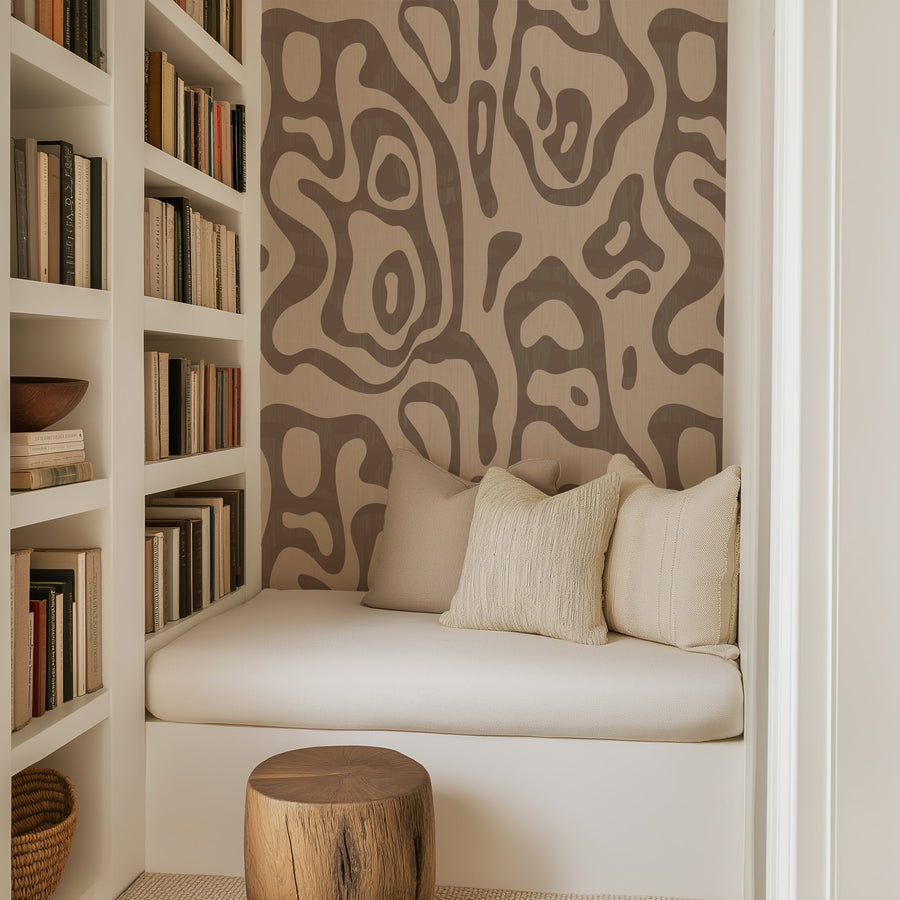 Stylish interior with Abstract Topography Wallpaper Brown Cream Organic Contour accent wall